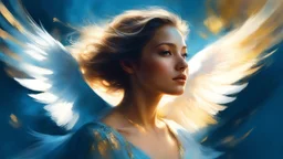 Fairytale Double Exposure. Close-up portrait of a Dove Woman in flight, Soft, warm light illuminates her, Detailed, realistic painting style reminiscent of Pino Daeni, Jeremy Mann and James Gurney. Soft, golden lighting with subtle shadows. High contrast, 16k resolution. Blue hues, Fine art, realistic, with abstract vector fractal elements in the background, evoking a sense of zentangle-inspired, fairytale wonder. Delicate, soothing colors with subtle 3D shadows