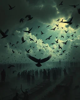 Bosch painting style, nightmare , people in hell , dramatic, great quality picture with cinematic scenes , clouds in the background, black birds fill the backgrounds black birds hovering in circles, black birds small from a distance covering the whole background