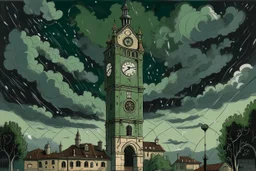 An olive green clock tower in a thunderstorm designed in African masks painted by Alfred Sisley