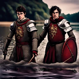 The prince of the high tide and the prince of the low tide in the river wearing medieval battle clothes, the image is divided into half a river at high tide and half a river at low tide