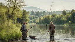 A fisherman fishing on the river with a rod next to his young daughter in the Middle Ages