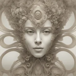 Biomechanical generative art of a woman's face with intricate floral elements, 3D rendering, surreal distortion, high quality, abstract sculpture, Benoit B. Mandelbrot, surreal, generative art, intricate floral details, biomechanical, intricate details, highres, abstract, surrealistic, 3D rendering, complex, organic, detailed eyes, professional, surreal lighting