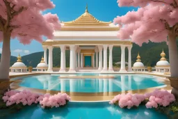 en premier plan des colonnes finement ciselées d'un temple blanc et doré de forme épurée et moderne , finissant par des dômes aux facettes transparentes, et plus loin un bassin doré et bleu avec une eau turquoise, sur les cotés des fleurs roses et blanches et au loin un ciel très bleu. En arrière des collines vertes et boisées Il y a beaucoup de détails au niveau de la nature il y a partout des étincelles de lumière qui volent. ambiance magique et féerique. couleurs douces et lumineuses