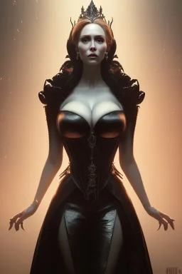 Christina Hendricks as evil queen in black leather, cleavage, angry, stern look. character design by cory loftis, fenghua zhong, ryohei hase, ismail inceoglu and ruan jia. unreal engine 5, artistic lighting, highly detailed, photorealistic, fantasy