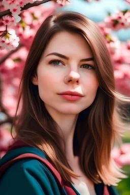 portrait of a beautiful girl among sakura flowers