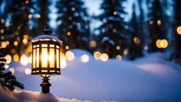 ,fir forrest scenery,night,snow,close up shot of a lantern,bokeh,fir tree,night