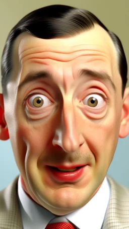 A man looks like pee wee Herman open his eyes wide like surprise