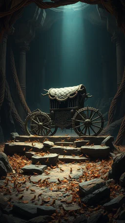 "ancient chariot on a ruined altar, surrounded by tiny insect runes and chitin shards, underground city background, dramatic spotlight, 16:9, high detail, no humans."