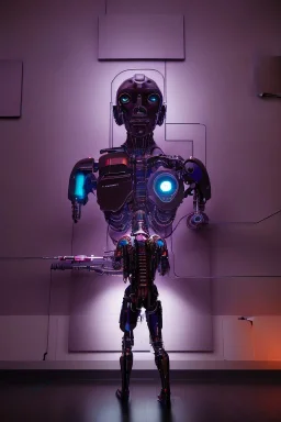 a cyborg watching a mural in a museum art gallery, purple shining lights, octane render, detailed