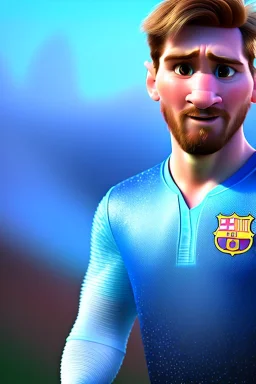 Realistic Portrait, American shot view, Messi, Argentina player dress, 3d, frozen style