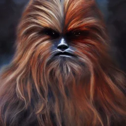 photorealistic and intricate portrait of chewbacca in star wars by Agnes Cecile, wearing beskar armor, deep dark colors, hyperdetailed, 32K, oil on canvas,