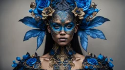 Beautiful vantawhite young faced girl adorned with glittering black colour bioluminescense blue gradient full bloomed rose blosooms voidcore shamanism headdress wearing metallic voidcore filigree black glittering botanical embossed costume armour bioluminescence blue gold and black wearing baroque style half face masque organic bio spinal ribbed detail of voudore decadent vantablack rainy gothica background extremely detailed hyperrealistic maximálist concept portrait art