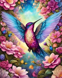 Full body cute floral hummingbird in spring flowers in the style of Josephine Wall, dark pink and beige, colorized, highres, detailed fur, realistic, vibrant, springtime, detailed eyes, professional, atmospheric lighting. High resolution, 8K,