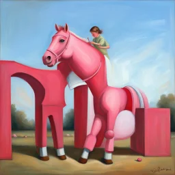 Big pink toy horse.19th painting