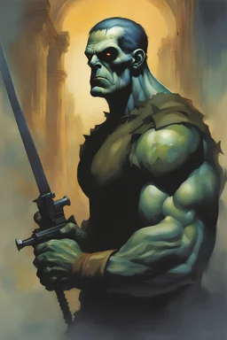 Frankenstein, The Punisher, extremely tall, 6'6" 250lbs, thick, muscular, crew-cut blonde hair, blue eyes - multicolored watercolor stained wall in the background, in the art style of Boris Vallejo, Frank Frazetta, Julie bell, Caravaggio, Rembrandt, Michelangelo, Picasso, Gilbert Stuart, Gerald Brom, Thomas Kinkade, Neal Adams - professional quality studio 8x10 UHD Digital photograph by Scott Kendall - paint splattered wall in the background, multicolored overhead spotlight, Photorealistic, rea
