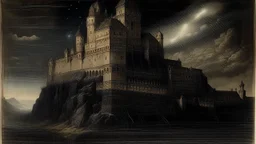 A giant sinister castle above the dark night sky painted by Leonardo da Vinci