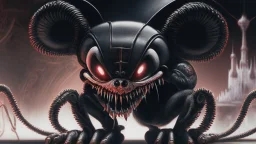 a spider mickey mouse hybrid, photorealism, movie screen capture, horror, sci-fi, retrofuturism, evil, demon-like