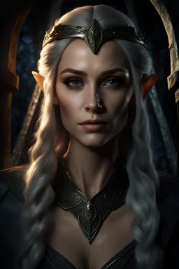 An elven woman with pointy ears that possesses the grace typical of elves but hides a fierce determination beneath her elegant exterior. Her eyes, the color of moonlit shadows, reflect the secrets she holds. photo-realistic, medieval fantasy, fancy dark castle room background. 8k resolution.