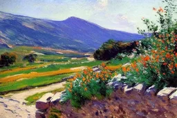 Mountains, sunny day, cloids, stone wall, flowers, pathways, grass, vegetations, distant trees, lesser ury and philip wilson steer impressionism painting