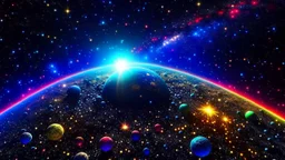 The image presents a beautiful glimpse of the universe and its various components. In the background, we can see a sky filled with shimmering stars, indicating our immersion in the world of astronomy. In the foreground, a planet glows with its unique brilliance, and its details are clearly visible. The light of the stars and the planet appears in multiple colors, creating a enchanting scene that always reminds us of the beauty and magnificence of the cosmos and the significance of astronomy in u