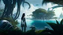 Detailed matte painting of a wide-angle shot of a woman, standing on the right side of an alien beach, with dark hair in a silver robotic catsuit, many large floating creatures with shells and long tentacles, alien jungle trees in the distance