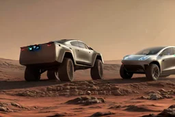 A Tesla 'Semi' (semi truck) is parked, at the Cydonia region on Mars. (CINEMATIC, WIDE ANGLE LENS, PHOTO REAL)