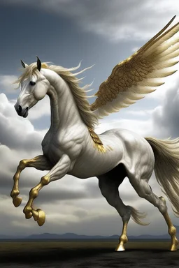 The image in question shows a white horse with golden wings standing on its hind legs. The horse is positioned in the center of the image, with a gray and cloudy sky as the background. The horse has a muscular and well-proportioned body. Its mane and tail are long and flowing. Its wings are large and wide, with golden feathers that shine in the sun. The horse is standing on its hind legs with its head raised and its wings spread. The expression on its face is determined and powerful. The image h