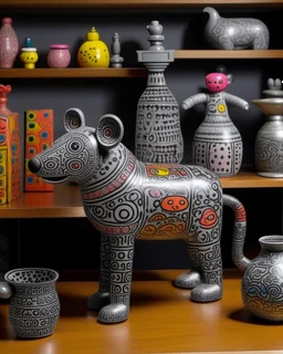 A gray laboratory with moles designed in Oaxacan alebrijes painted by Keith Haring