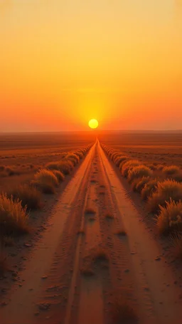 very dusty dirt path with sunset in the prairies, low horizon line, old western, painting based on grainy photo, orange brown tones
