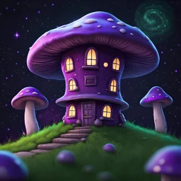 vibrant violet and green mushroom house on dirt pillar grassy top outer space. stars, grass, mushroom house, dirt pillar. Detailed gloss Painting, rich color, fantastical, intricate detail, splash screen, hyperdetailed, insane depth, concept art, 8k resolution, trending on artstation