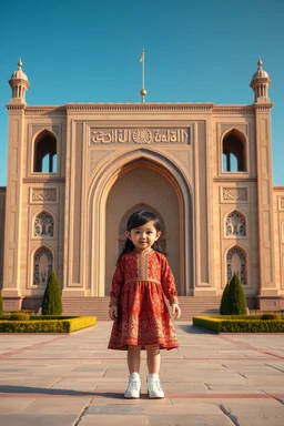 a little girl that is standing in front of a building, a picture, arabesque, !8k!, kazakh, insanely cute, amazing cgi, kurdistan, adorable outfit, a still of a happy, so cute