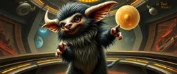 fluffy mean alien gremlin dog bison badger star ship bridge captain dancing in the style of Rembrandt and Escher and Dali