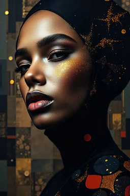 minimalism,amazingly beautiful surreal otherworldly fashion portrait,abstract painting of black and dark warm subtle colors with a subtle spray of gold,filled with a unique pattern of shapes and colors,dark patchwork background,Miki Asai Macro photography,hyper detailed,trending on artstation,sharp focus,studio photo,intricate details,highly detailed,by greg rutkowski