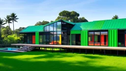 A vibrant single-family home stands out against a lush green backdrop. Its exterior is a playful patchwork of: Emerald green panels, Tangerine orange sections, Sky blue accents. Black steel beams form a striking geometric structure, framing large windows and creating an artistic, modern silhouette. Airy white fabric awnings gently billow in the breeze, softening the angular architecture. These airy elements provide shade over: A wide wooden deck. In the foreground, a natural-looking pond reflect