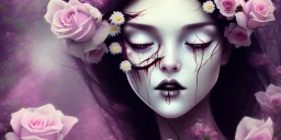 dead girl buried in flowers, beautiful, eyes closed, laying down, gothic