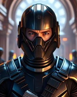 star wars bald male corellian pilot wearing pearlescent black and gunmetal grey First Order special forces heavy assault stealth commando armor and helmet with mirrored visor and gold and metallic red trim inside the jedi temple, hyperdetailed, dynamic lighting, hyperdetailed background, 8k resolution, volumetric lighting, light skin, fully symmetric details