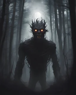 dedans les bois la nuit forme humanoïde, peaux humaine nuit nuit grand fin monstre migre, pas de lumière, pas de visage, plin de dent