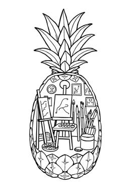 Pineapple Cozy Art Studio Coloring Page: A pineapple cross-section displaying an art studio. Features an easel, paint palettes, brushes, and artworks hung on the walls.