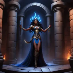 Kalypso, daughter of Khali the terrible goddess, is a dark nymph. She is demonstrating her powers in a chamber of a dungeon