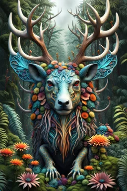 3D rendering of Expressively detailed and intricate of a hyperrealistic “weird creature”: front view, colorful, antler, rainforest, tribalism, detailed with flowers, tiny weird creatures surround, shamanism, cosmic fractals, dystopian, octane render, 8k post-production, detailled metalic bones, dendritic, artstation: award-winning: professional portrait: atmospheric: commanding: fantastical: clarity: 16k: ultra quality: striking: brilliance: stunning colors: amazing depth