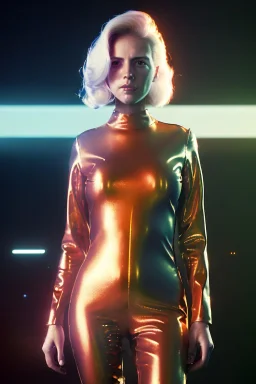 retro sci-fi portrait image from 1980, New York explosions, fire, people running, sweet young blonde woman walking, tight latex suit, soft color, highly detailed, unreal engine 5, ray tracing, RTX, lumen lighting, ultra detail, volumetric lighting, 3d, finely drawn, high definition, high resolution.