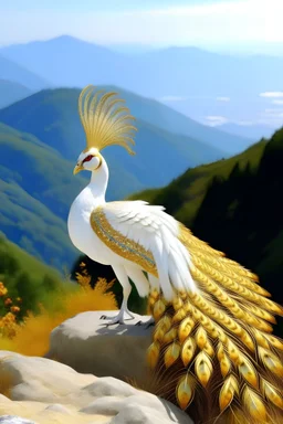 white peacock with white and gold feathers, with wings and tail and feathers open, standing on shiny gold mountain