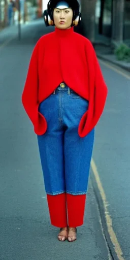 Asian, modern, beautiful woman, street, thick thigh, thick calves. Style futurism, 1996, daft punk, rough street style, Gamjan style.Mantle is sewed of recycled Denim and sewed together red felt pieces.Big headphones, with gold rings, is merged with small felt cap with small visor. A bag is integrated to the mantle. Big camouflage Patterns are composed of orange, cream, blue, lilac and purple. blue latex. asa akira. It is with big bright purple felt tippet and cream-colored-hood. tippet