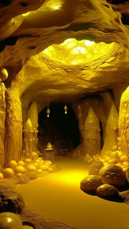 A golden yellow cave with round crystals designed in ancient Egyptian hieroglyphics painted by Grant Wood