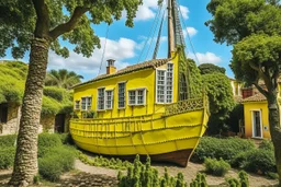 A large yacht is parked in the yard of a yellow stone house with a brown tiled roof, a large brown window and a chimney, a lush lace bush and a marijuana plantation, in the surrealist Salvador Dali style