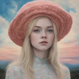 Surreal painting of elle fanning, crochet hat, , the sky in the background