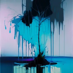 Minimal abstract flat oil painting of a neon large plant in landscape. With triadic blue colours. Dripping paint. In the style of Justin Mortimer and Phil Hale, Ashley Wood