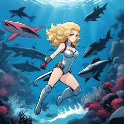 [illustration for wii No More Heroes style with thick lines] With each encounter, she pushed herself to the limits, testing her skills and courage against these formidable foes.In this underwater world of chaos and danger, Barbarella found herself facing not only the sharks but also the remnants of a society on the brink of collapse. As she navigated the treacherous waters, she uncovered dark secrets and hidden dangers that threatened to consume her.