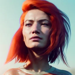 A beautiful portrait of a cyberpunk woman with grain on skim red head with hair flying in the wind cyborg smiling facing camera orange color scheme, high key lighting, volumetric light high details with white stripes and feathers unreal 5, octane render, cinema4d, dynamic lighting, dramatic lighting, 4k, redshift render, highly detailed, hyper realistic like Tron the movie