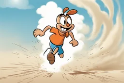 mostly sky, ground line at bottom, small cartoon character running towards the right side, leaving behind a cloud of dust. style of looney toons cartoon